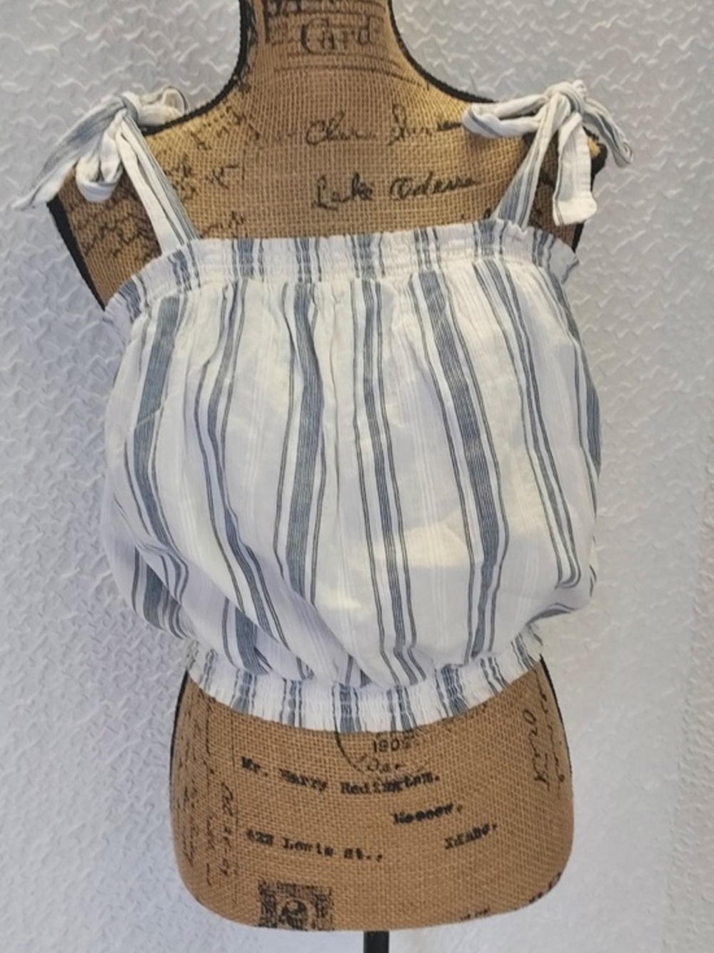 White & Blue Striped Cotton Tie-Shoulder Crop Top